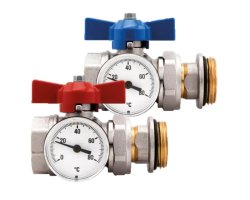Art.487K Kugelhahn Set 1" Durchgang mit Thermometer, kompakte Ausf&uuml;hrung - Messing vernickelt