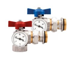 Art.487K Kugelhahn Set 1" Eckform mit Thermometer, kompakte Ausf&uuml;hrung - Messing vernickelt
